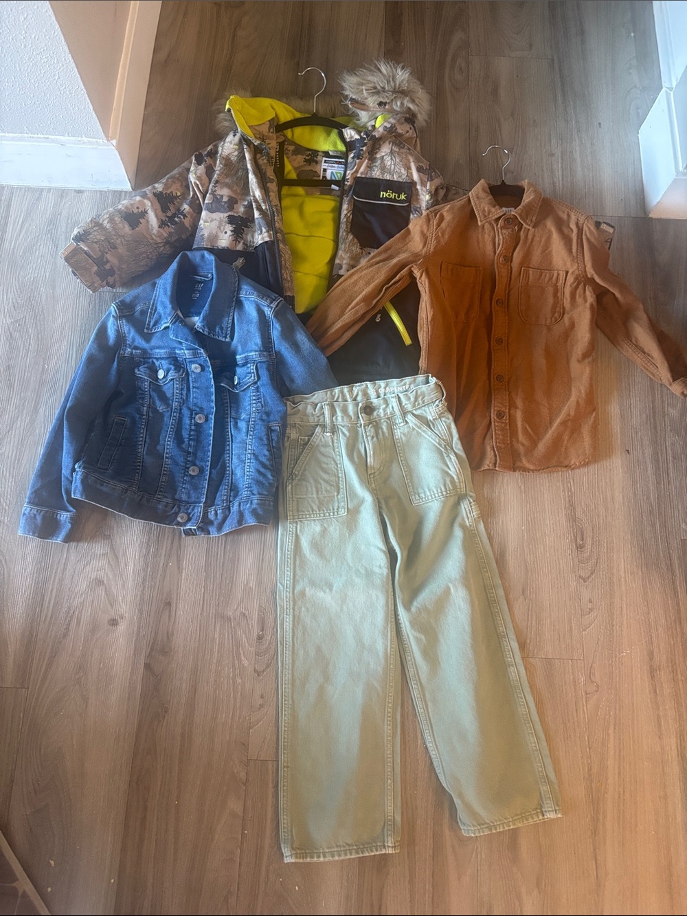 Kids Camo puffer jacket, GAP denim jacket, GAP Cargo pants, GAP brown shirt